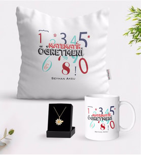 BK Gift Kişiye Özel Matematik Öğretmeni Beyaz Kupa Yastık ve İsimli Papatya Kolye Hediye Seti-4 (Model 1)