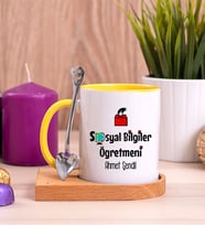 Sosyal Bilgiler Öğretmeni Ahşap Altlıklı Sarı Kupa Bardak