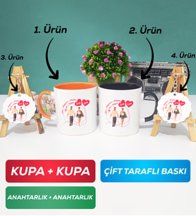 İkili Turuncu Siyah Sevgiliye Sevgililer Günü Hediyesi 4 Kupa Bardak Anahtarlık
