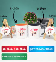 İkili Turuncu Siyah Sevgiliye Sevgililer Günü Hediyesi 4 Kupa Bardak Anahtarlık