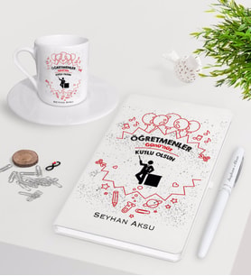 BK Gift Kişiye Özel Öğretmenler Günümüz Kutlu Olsun Beyaz Defter Kalem Türk Kahvesi Fincanı Seti-5 (Model 1)