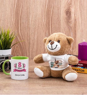 Kadınlar Günü Hediyesi Yeşil Kupa Bardak ve Peluş Ayıcık