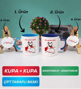 İkili Mavi Lacivert Sevgiliye Sevgililer Günü Hediyesi 10 Kupa Bardak Anahtarlık