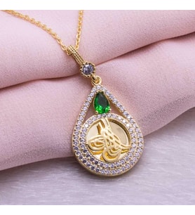 925 Ayar Gümüş Altın Kaplama Tuğralı Damla Kolye Model 6