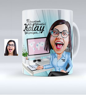 BK Gift Kişiye Özel Bayan Genel Müdür Karikatürlü Beyaz Kupa Bardak  1