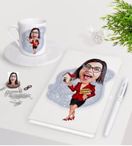 BK Gift Kişiye Özel Bayan Emlakçı Karikatürlü Beyaz Defter Kalem Türk Kahvesi Fincanı Seti-2 (Model 1)