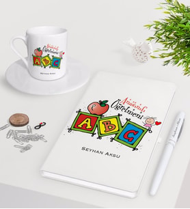 BK Gift Kişiye Özel Anasınıfı Öğretmeni Beyaz Defter Kalem Türk Kahvesi Fincanı Seti-1 (Model 1)