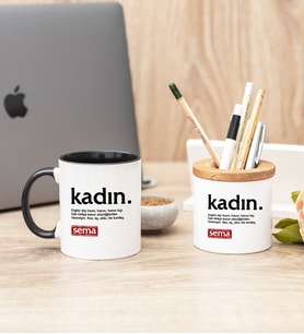 Kadın Kelime Anlamı Siyah Kupa Bardak Ve Kalemlik Hediye Seti