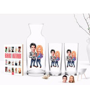 BK Gift Kişiye Özel Renkli Baskılı Sevgililer Karikatürlü İkili Rakı Bardağı Karaf ve Cep Kitabı Hediye Seti-50 (Model 1)