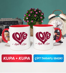 İkili Love Tasarımlı Sevgililer Günü Hediyesi Kupa Bardak Kırmızı