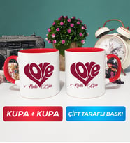 İkili Love Tasarımlı Sevgililer Günü Hediyesi Kupa Bardak Kırmızı