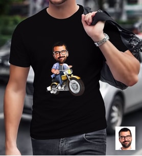 BK Gift Kişiye Özel Bay Motorcu Karikatürlü Siyah T-Shirt