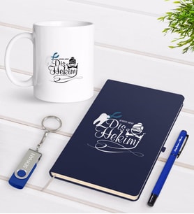 BK Gift Kişiye Özel Diş Hekimi Temalı Lacivert Defter Kalem Kupa 32gb USB Bellek Hediye Seti-2 (Model 1)