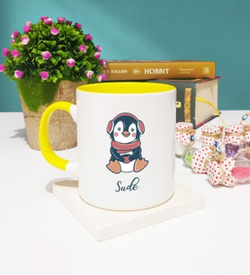 Tatlı Penguen Tasarımlı Kişiye Özel Penguen Kupa Bardak Sarı