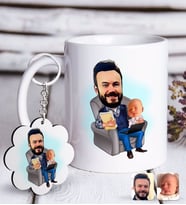 BK Gift Kişiye Özel Baba Oğul Karikatürlü Beyaz Kupa ve Anahtarlık Hediye Seti-1 (Model 1)