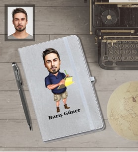 Kişiye Özel İş Adamı Karikatürlü Gri Defter Kalem Hediye Seti  Bay-17
