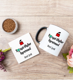 Sosyal Bilgiler Öğretmeni Siyah Kupa Bardak Ve Bardak Altlığı Seti