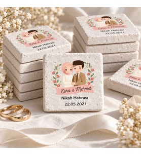 30 Adet Kişiye Özel Baskılı Doğal Taş Magnet 5x5cm Söz, Nikah, Nişan Hatırası (Beyaz)