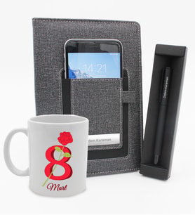 8 Mart Dünya Kadınlar Gününe Özel Kupa & Telefon Cepli Defter & Roller Kalem Hediye Seti (Model 3)