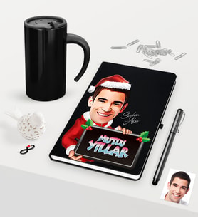 BK Gift Kişiye Özel Yılbaşı Bay Karikatürlü Siyah Defter Kalem Termos Mug Seti - 2