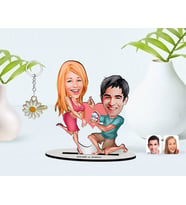 BK Gift Kişiye Özel Sevgililer Karikatürlü 3D Ahşap Biblo ve İsimli Gold Papatya Anahtarlık-19 (Model 1)