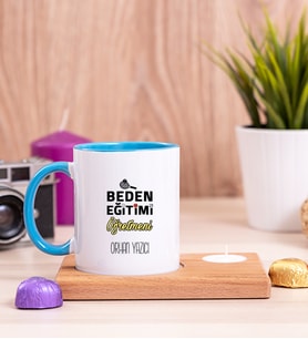 Beden Eğitimi Öğretmeni Ahşap Altlıklı Mumlu Mavi Kupa Bardak