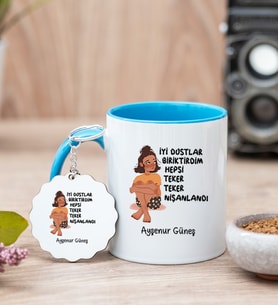 İyi Dostlar Biriktirdim Mavi Kupa Bardak ve Anahtarlık Set