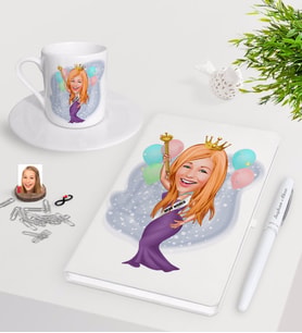 BK Gift Kişiye Özel Dünya Güzeli Karikatürlü Beyaz Defter Kalem Türk Kahvesi Fincanı Seti-1 (Model 1)