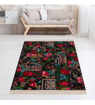 Patchwork Gül Desenli Dijital Baskı Yıkanabilir Kaymaz Taban Modern Salon Halı  (Siyah-Kırmızı)