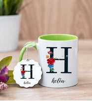 Baş Harfli Ve İsimli Yeşil Kupa Bardak Ve Anahtarlık Set