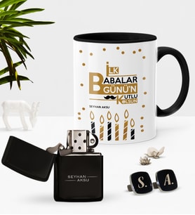 BK Gift Kişiye Özel İlk Babalar Günün Kutlu Olsun Siyah Kupa Çakmak Kol Düğmesi Seti-5 (Model 1)