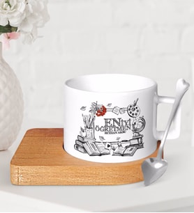 BK Gift Kişiye Özel En İyi Öğretmen Ahşap Altlıklı Seramik Fincan-8 (Beyaz)