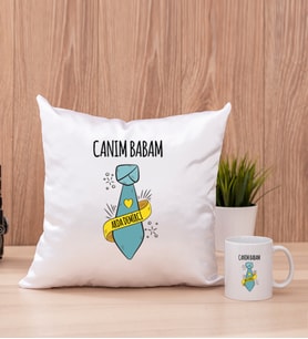 Babalar Günü Hediyesi Kare Yastık ve Beyaz Kupa Bardak