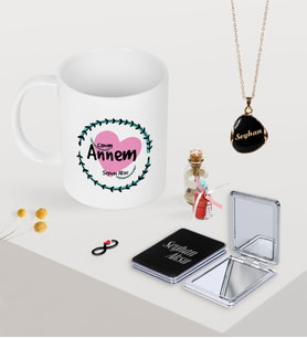 BK Gift Kişiye Özel Canım Annem Kupa Ayna ve Siyah Mineli Kolye Seti-10 (Model 1)