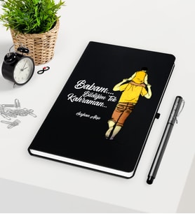 BK Gift Kişiye Özel Babam Bildiğim Tek Kahraman Siyah Defter Kalem Seti