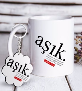BK Gift Kişiye Özel Aşık Anlamı Beyaz Kupa ve Anahtarlık Hediye Seti (Model 1)