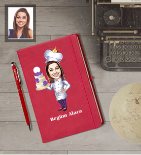 Kişiye Özel Pastacı Karikatürlü  Kırmızı Defter Kalem Hediye Seti Bayan-1