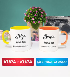 İkili Sevgiliye Hediye İsme Özel Sevgililer Günü Hediyesi Kupa Bardak Sarı Turuncu