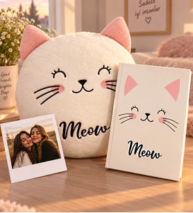 Kişiye Özel Fotoğraflı Sevimli Kedi Yastık & Kedi Defter Arkadaşa Hediye