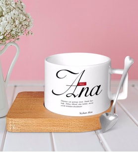 BK Gift Kişiye Özel Mânâ Ana Ahşap Altlıklı Seramik Fincan-1 (Beyaz)