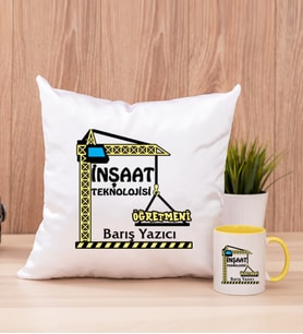 İnşaat Teknolojisi Öğretmeni Kare Yastık ve Sarı Kupa Bardak