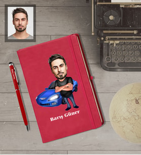 Kişiye Özel Erkek Karikatürlü  Kırmızı Defter Kalem Hediye Seti Model-3