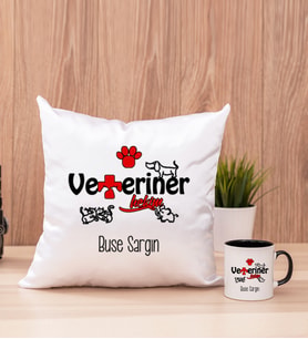Veteriner Hekim Kare Yastık ve Siyah Kupa Bardak