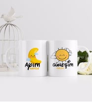 BK Gift Kişiye Özel Güneşim ve Ayım Tasarımlı İkili Beyaz Kupa Bardak-3
