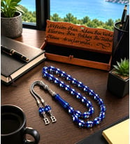 Kişiye Özel Babaya,Sevgiliye Hediye Mavi Ahşap Kutulu Toz Kehribar Tesbih