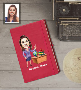 Kişiye Özel Öğretmen Karikatürlü   Kırmızı Defter Bayan-3