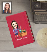 Kişiye Özel Öğretmen Karikatürlü   Kırmızı Defter Bayan-3