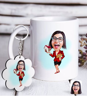 BK Gift Kişiye Özel Bayan Emlakçı Karikatürlü Beyaz Kupa ve Anahtarlık Hediye Seti-2 (Model 1)