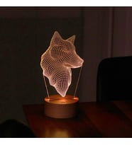 3 Boyutlu Kurt Kafası Led Lamba Dekoratif Hediye Lamba Ahşap Taban 7 Farklı Işık Renkli
