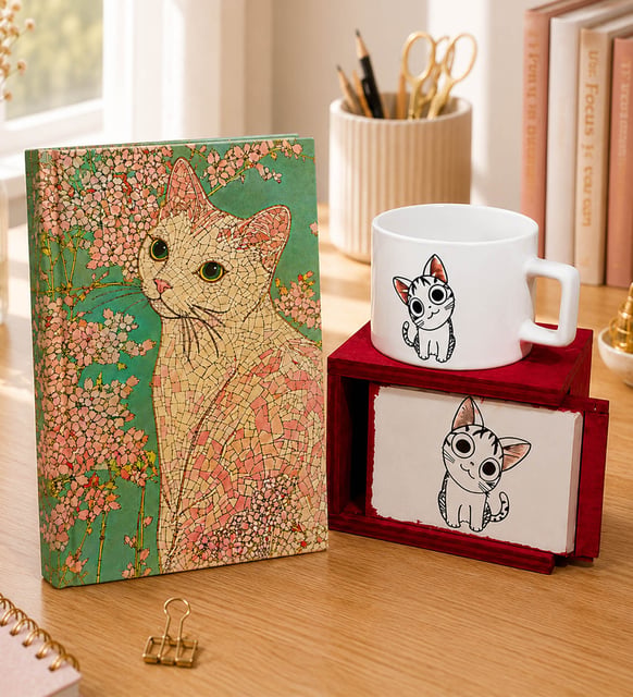Kedi Çiçeği Tasarım Defter & Sevimli Kedi Ahşap Kutulu Kupa